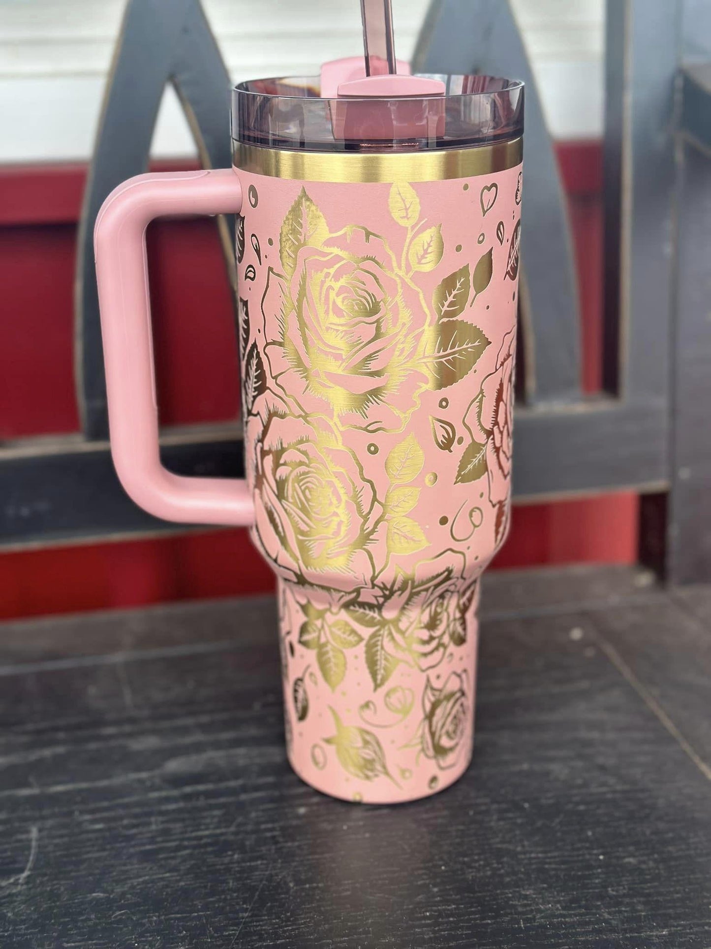 40 oz Antique Pink Stanley Tumbler – Engraved Rose Design – Stylish, Durable & Perfect for Your Daily Hydration