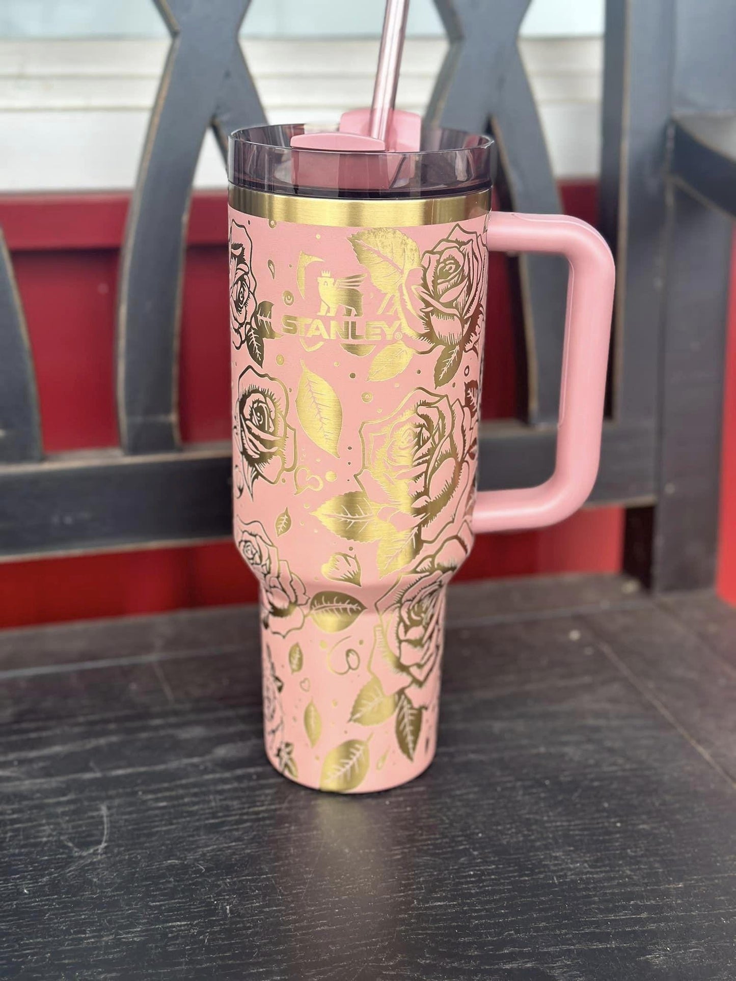 40 oz Antique Pink Stanley Tumbler – Engraved Rose Design – Stylish, Durable & Perfect for Your Daily Hydration