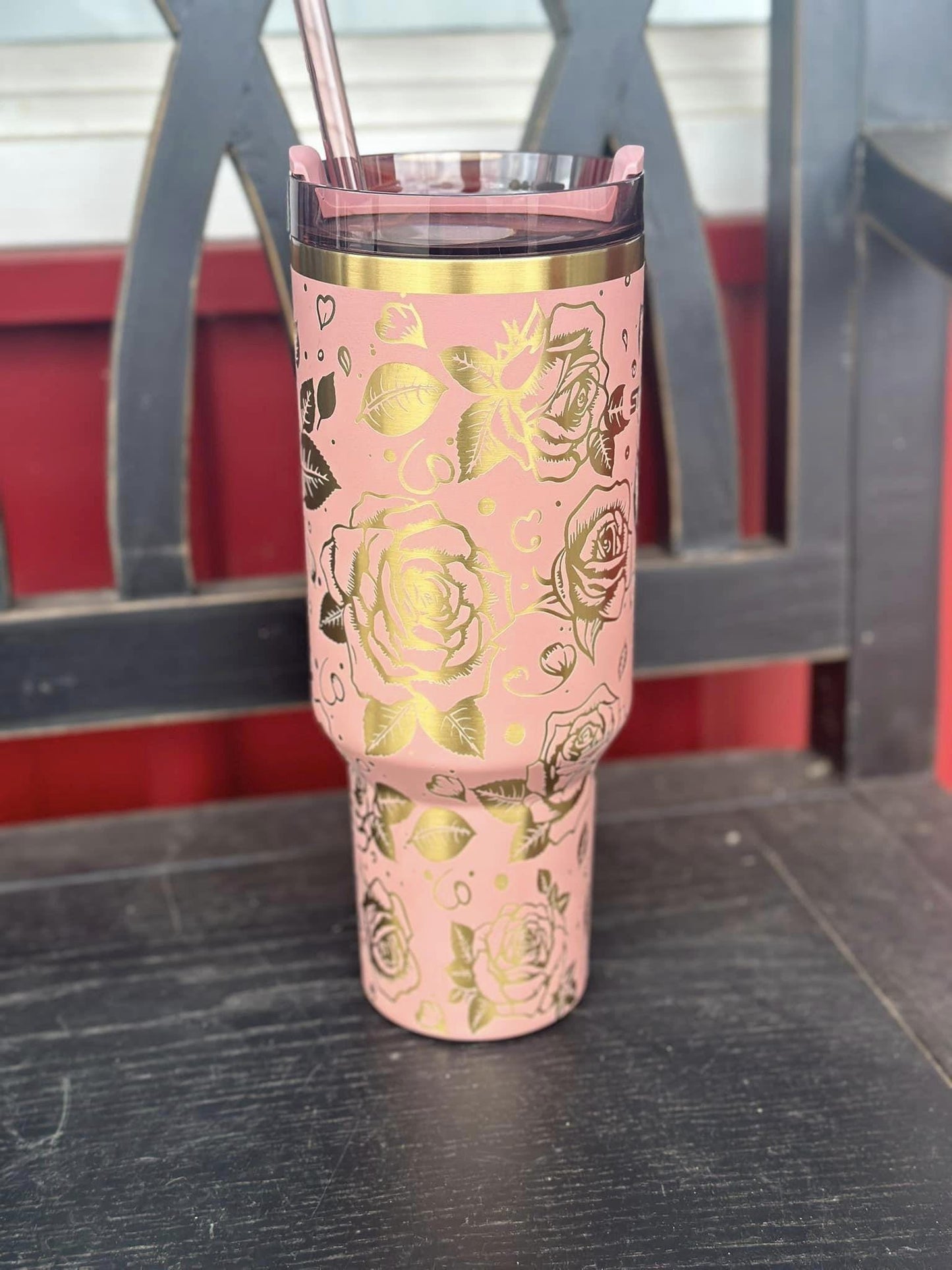 40 oz Antique Pink Stanley Tumbler – Engraved Rose Design – Stylish, Durable & Perfect for Your Daily Hydration